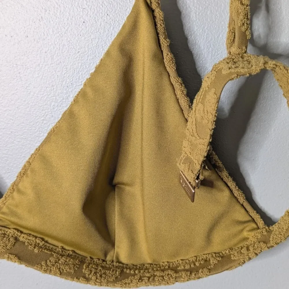 Free People Rhythm Paisley Bralette  Mustard Yellow Chenille Bikini Top Size 36B